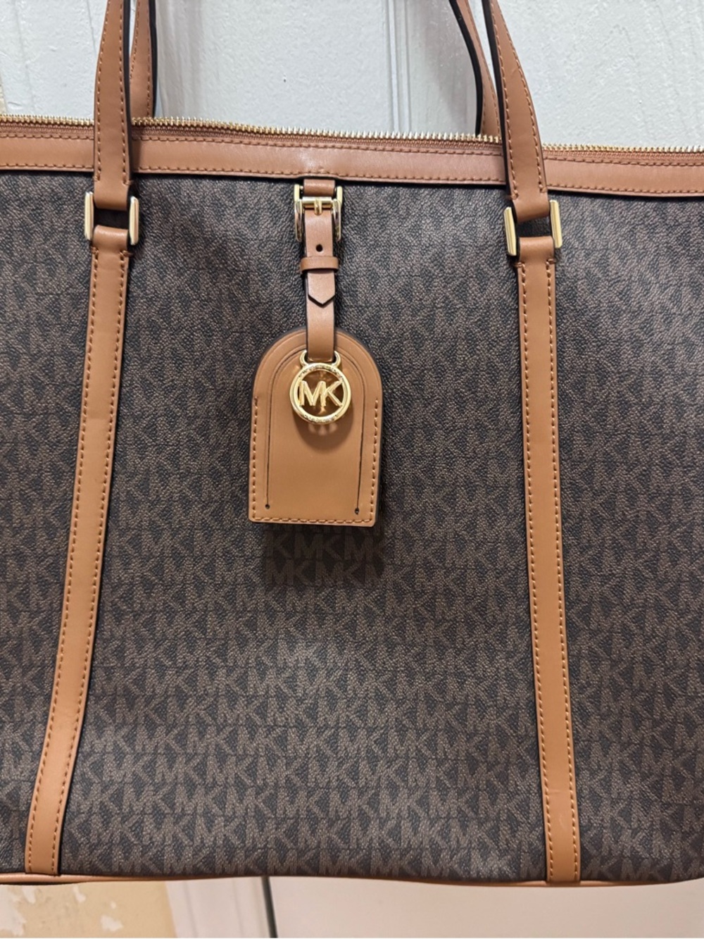 Michael Kors Brown and Tan MK Monogram Tote